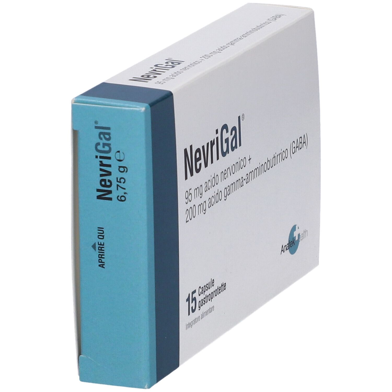 Scatola NevriGal, angolata. Scritto: 95 mg acido nervonico + 200 mg GABA. 15 capsule. Peso: 6,75 g.