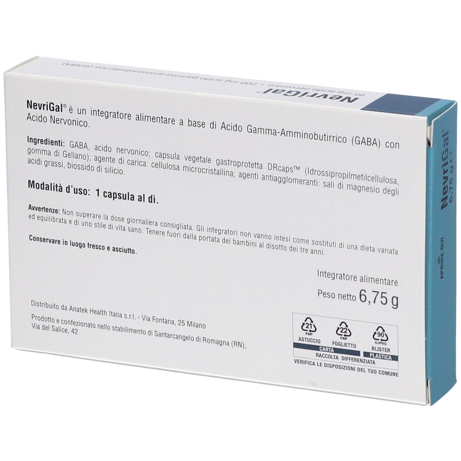 Retro della scatola NevriGal. Testo su ingredienti, uso e avvertenze. Peso: 6,75 g. Simboli di riciclaggio.