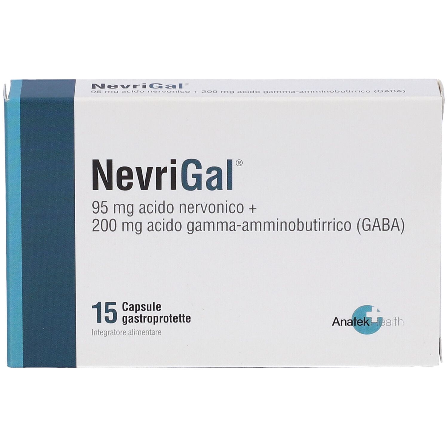 Scatola NevriGal. Scritto: 95 mg acido nervonico + 200 mg acido gamma-aminobutirrico (GABA). 15 capsule. Logo.