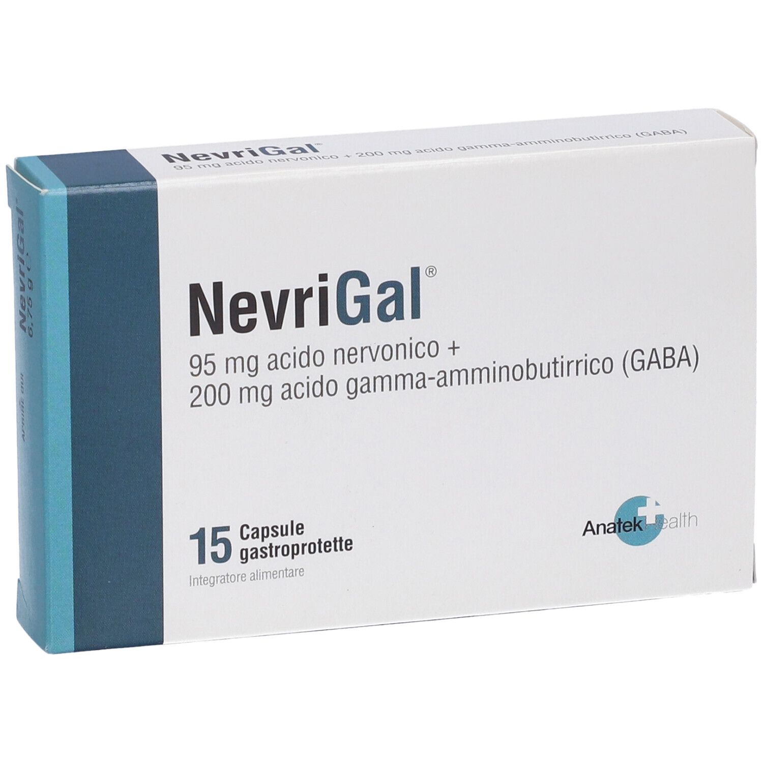 Scatola NevriGal. Scritto: 95 mg acido nervonico + 200 mg acido gamma-aminobutirrico (GABA). 15 capsule.