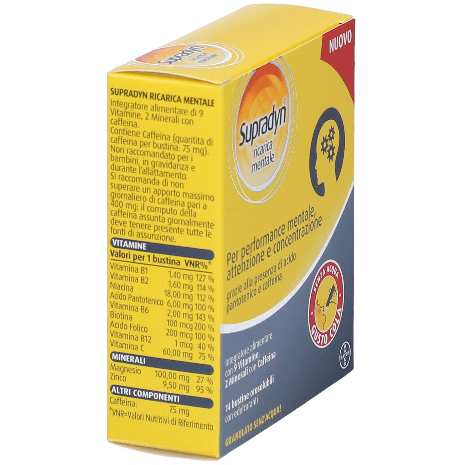 Scatola gialla con informazioni sul prodotto. Testo: Supradyn, valori nutrizionali, ingredienti. Logo Bayer.