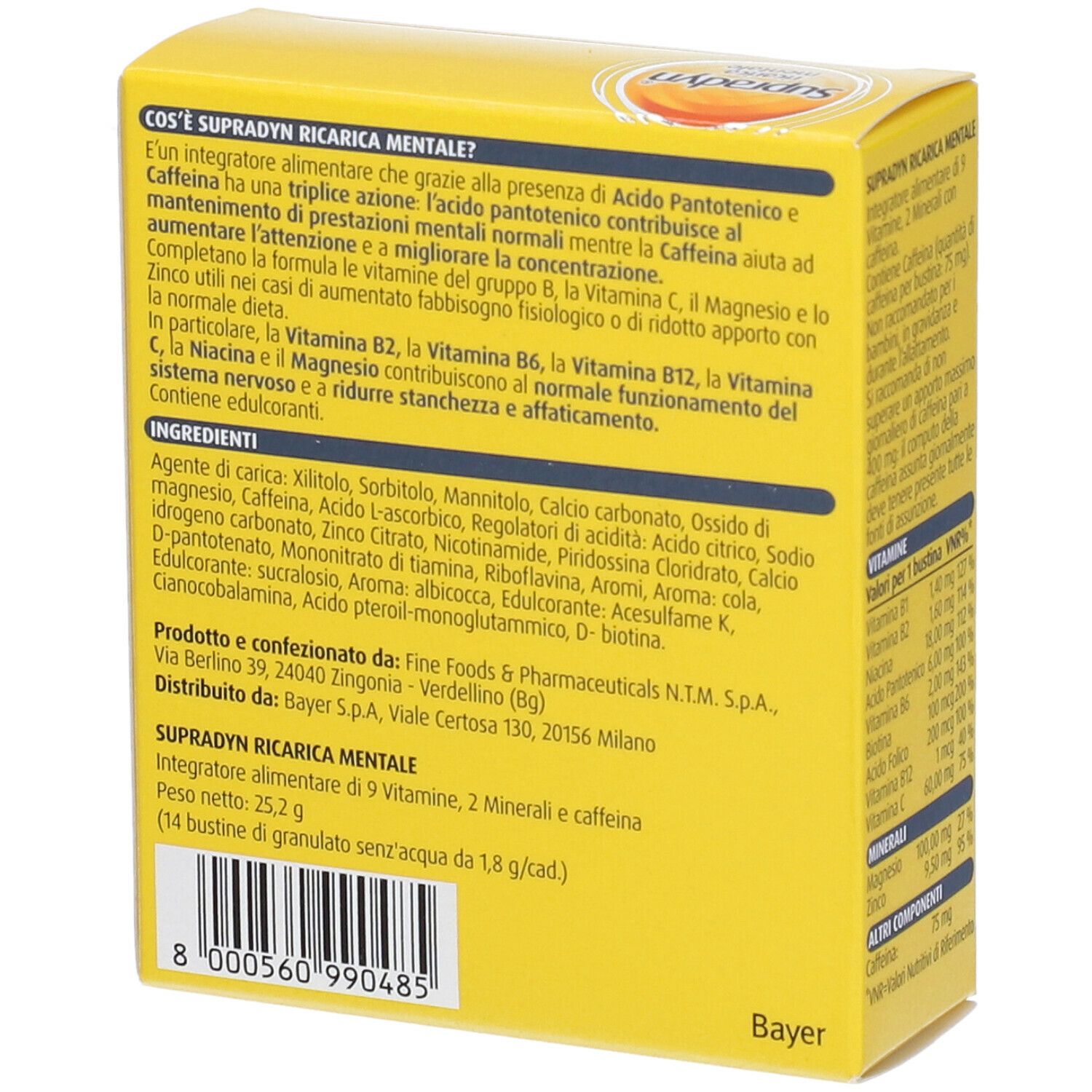 Scatola gialla, retro con testo. Ingredienti, informazioni produttore, codice a barre. Logo Bayer.