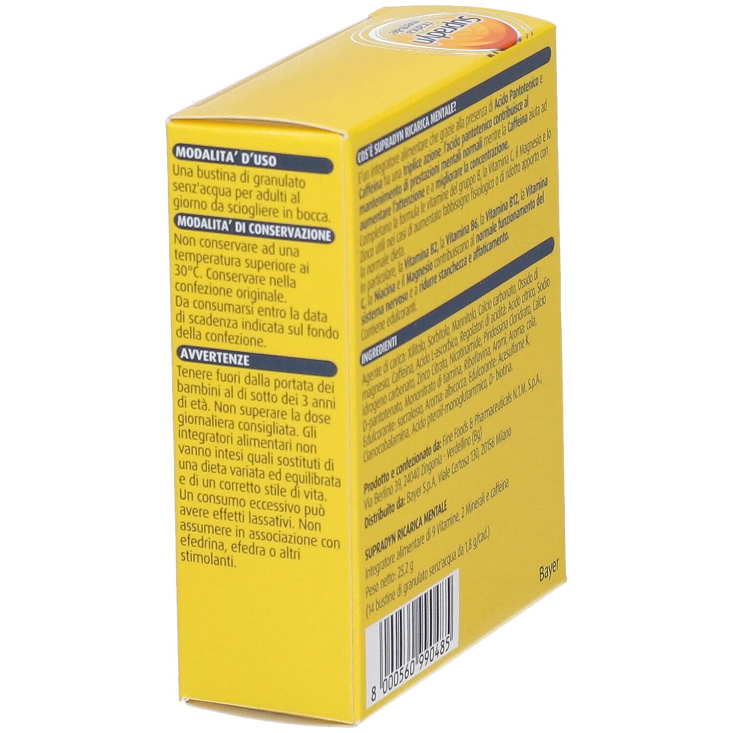 Scatola gialla, vista laterale con testo. Istruzioni per l'uso, avvertenze. Codice a barre. Logo Bayer.