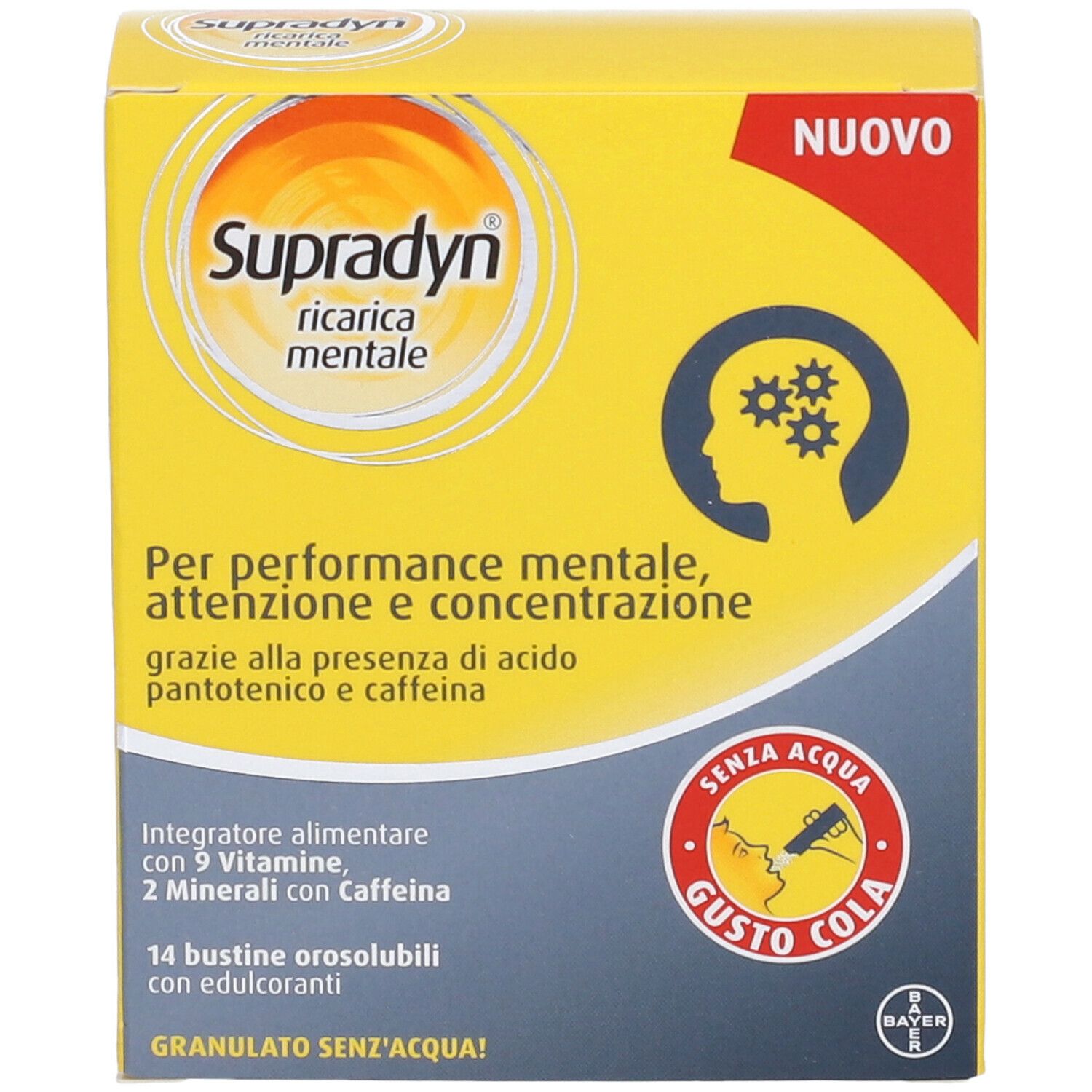 Scatola gialla, fronte. Testo: Supradyn, ricaria mentale, Per performance mentale. Logo.