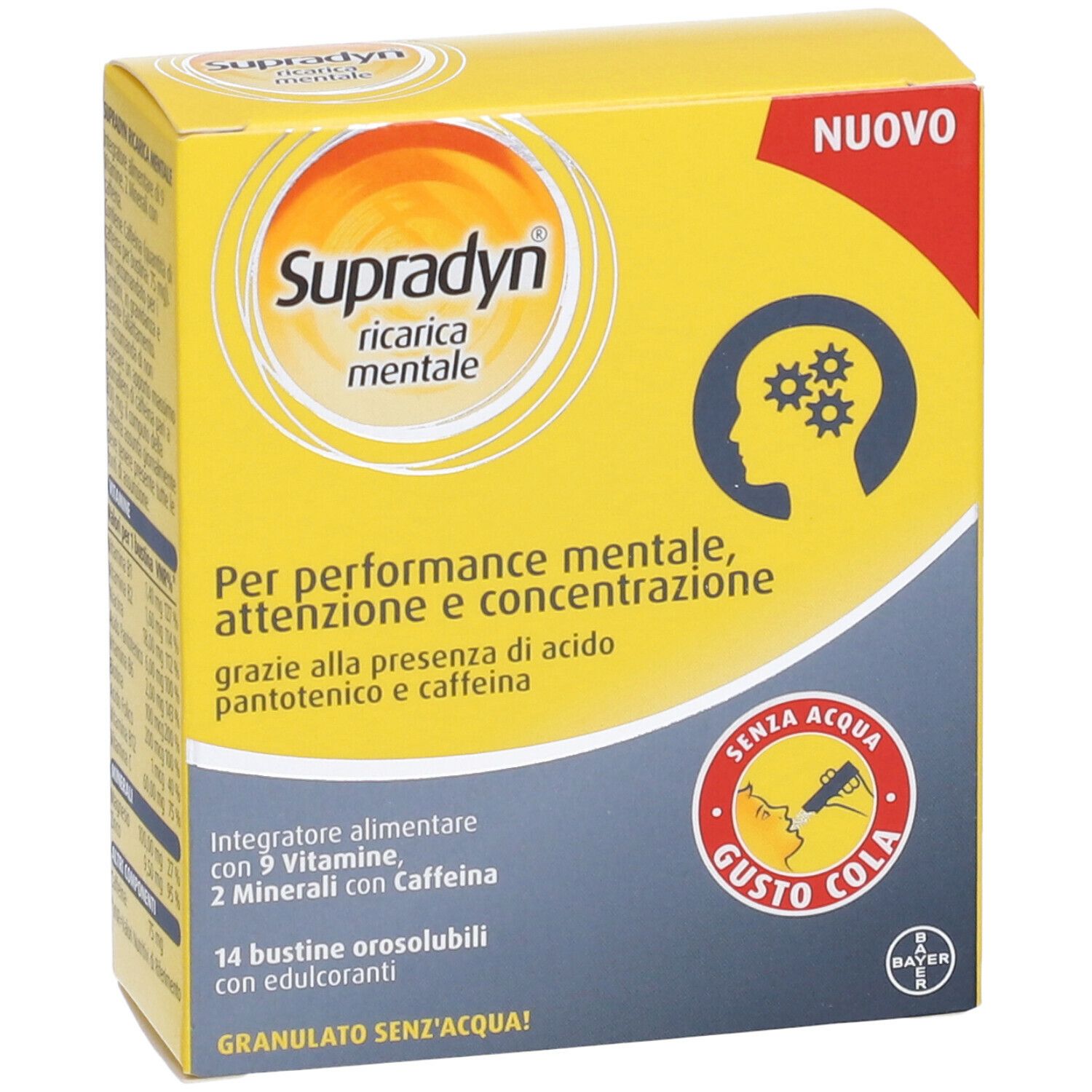 Scatola gialla, fronte. Testo: Supradyn, ricaria mentale, Per performance mentale. Logo.