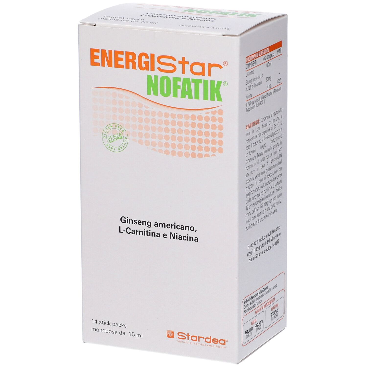 Scatola bianca con logo "ENERGIStar NOFATIK". Contiene 14 stick. Vista laterale con testo e ingredienti.
