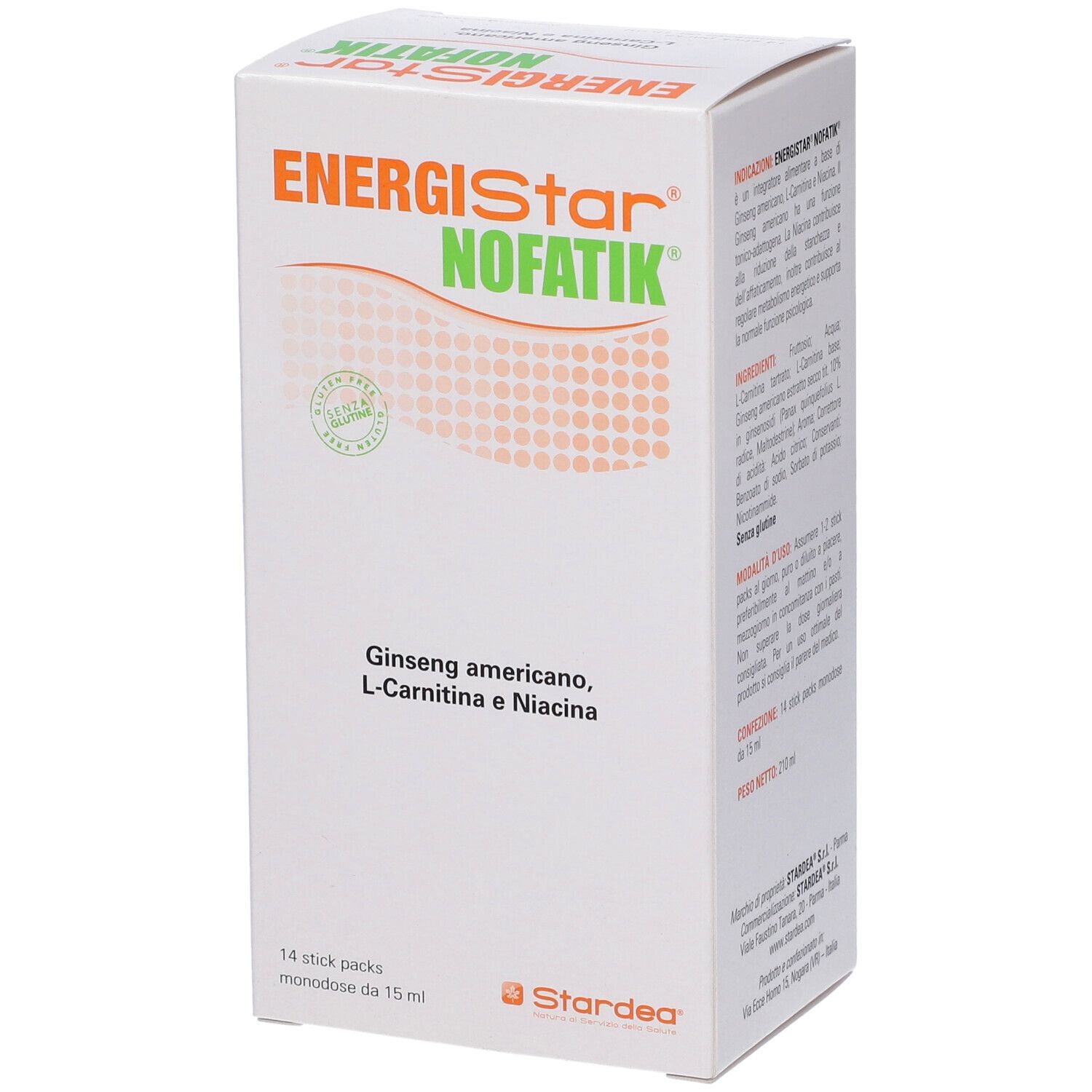 Scatola bianca con logo "ENERGIStar NOFATIK". Contiene 14 stick. Vista laterale con informazioni nutrizionali.