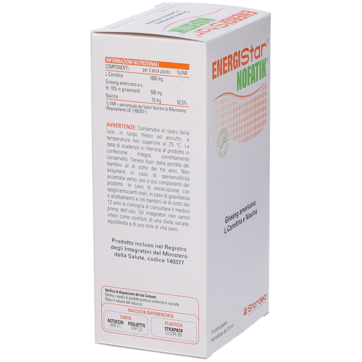 Scatola bianca con logo "ENERGIStar NOFATIK". Contiene 14 stick. Retro con avvertenze e ingredienti.