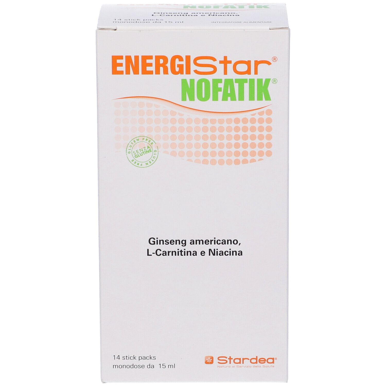 Scatola bianca con logo "ENERGIStar NOFATIK". Contiene 14 stick. Vista frontale con nome e ingredienti.