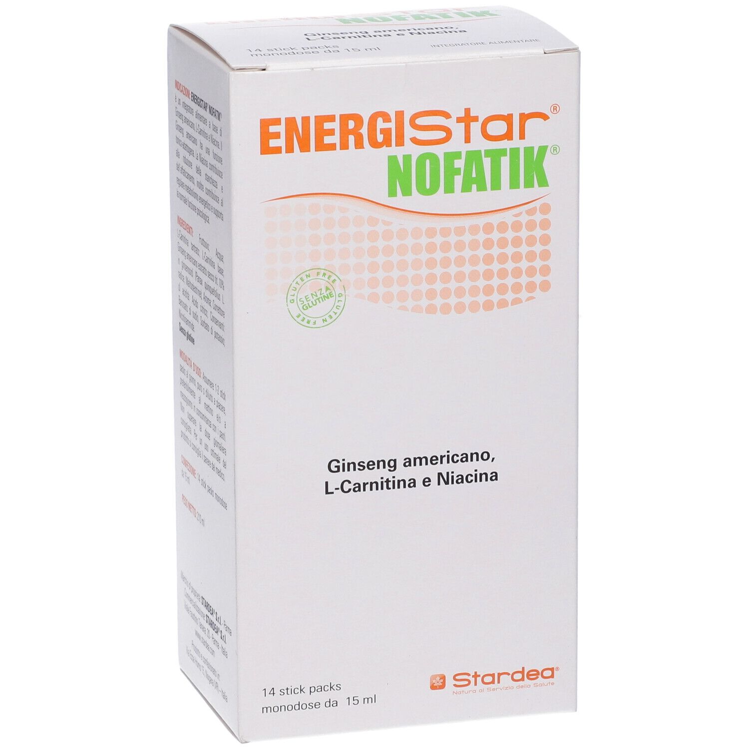Scatola bianca con logo "ENERGIStar NOFATIK". Contiene 14 stick. Vista laterale con nome e ingredienti.