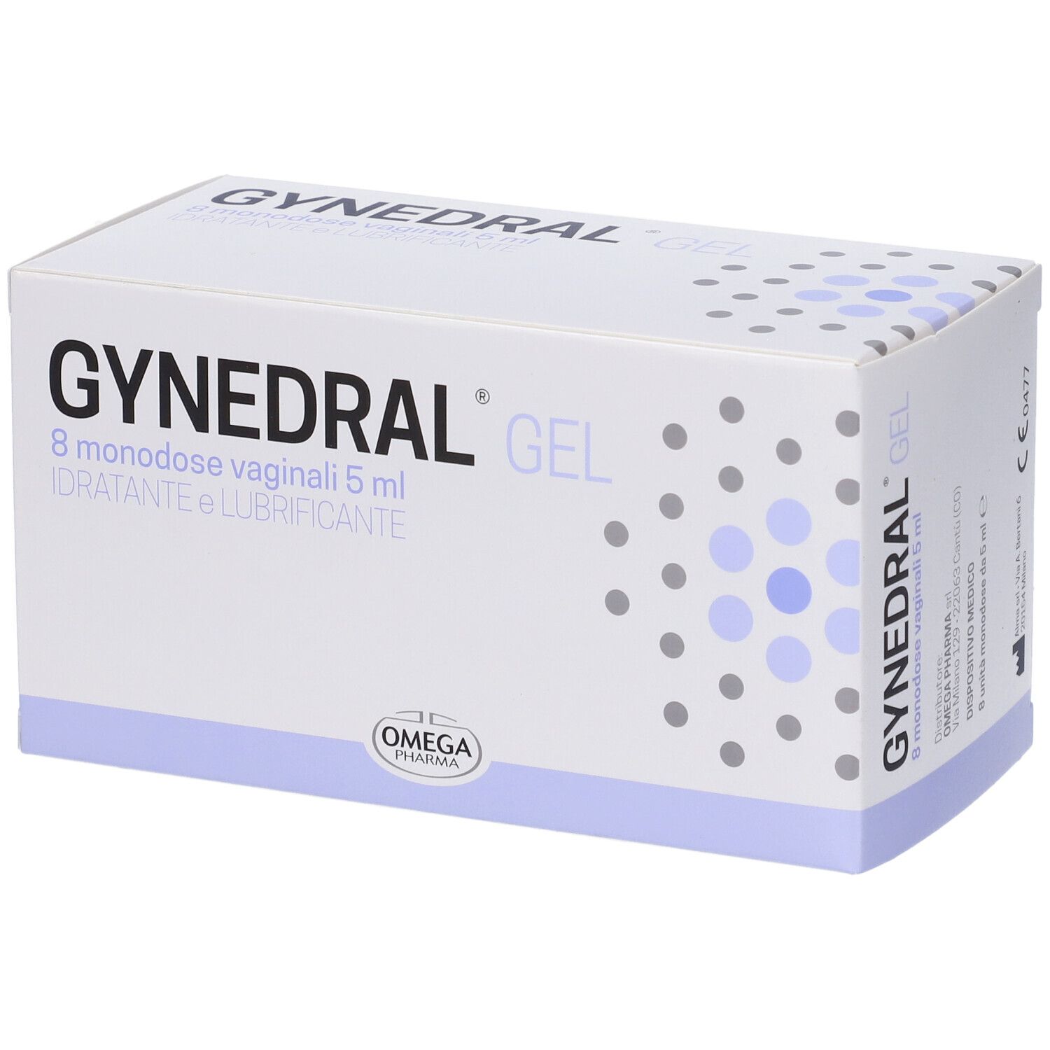 Scatola "GYNEDRAL GEL". Contiene 8 monodose vaginali. Marca: Omega Pharma.