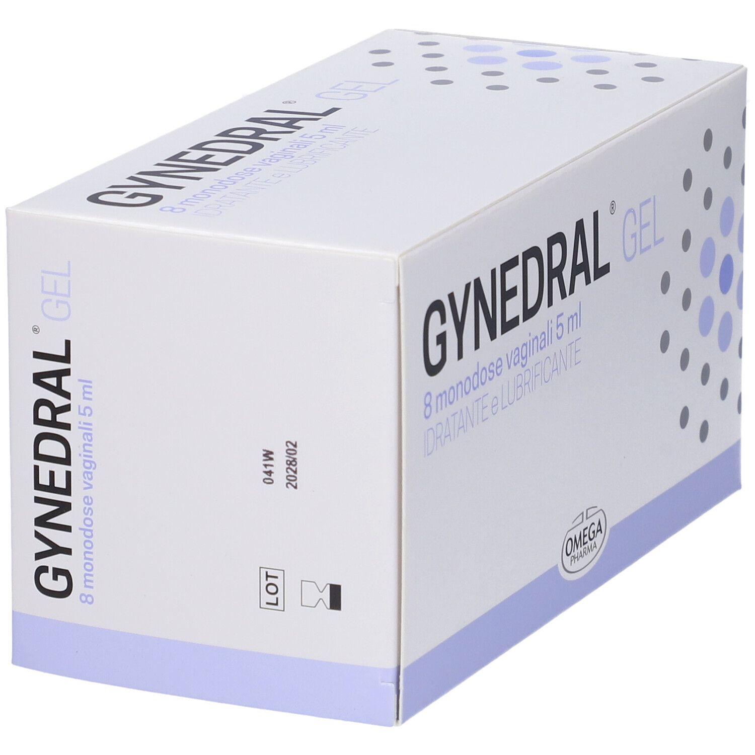 Scatola bianca "GYNEDRAL GEL". Contiene 8 monodose. Marca: Omega Pharma.