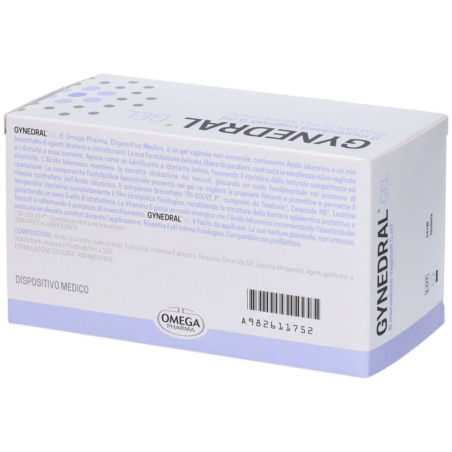 Retro della scatola "GYNEDRAL GEL". Informazioni testuali e marchio: Omega Pharma.