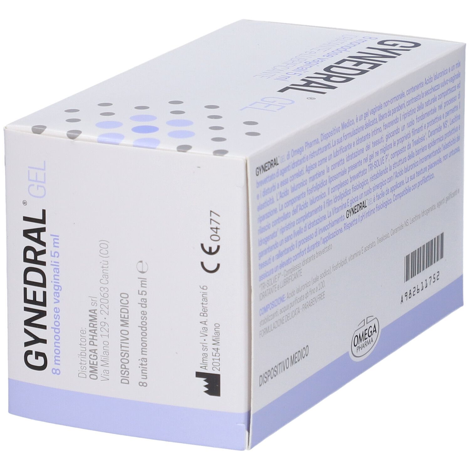 Scatola "GYNEDRAL GEL". Contiene 8 monodose. Marca: Omega Pharma. Marchio CE.
