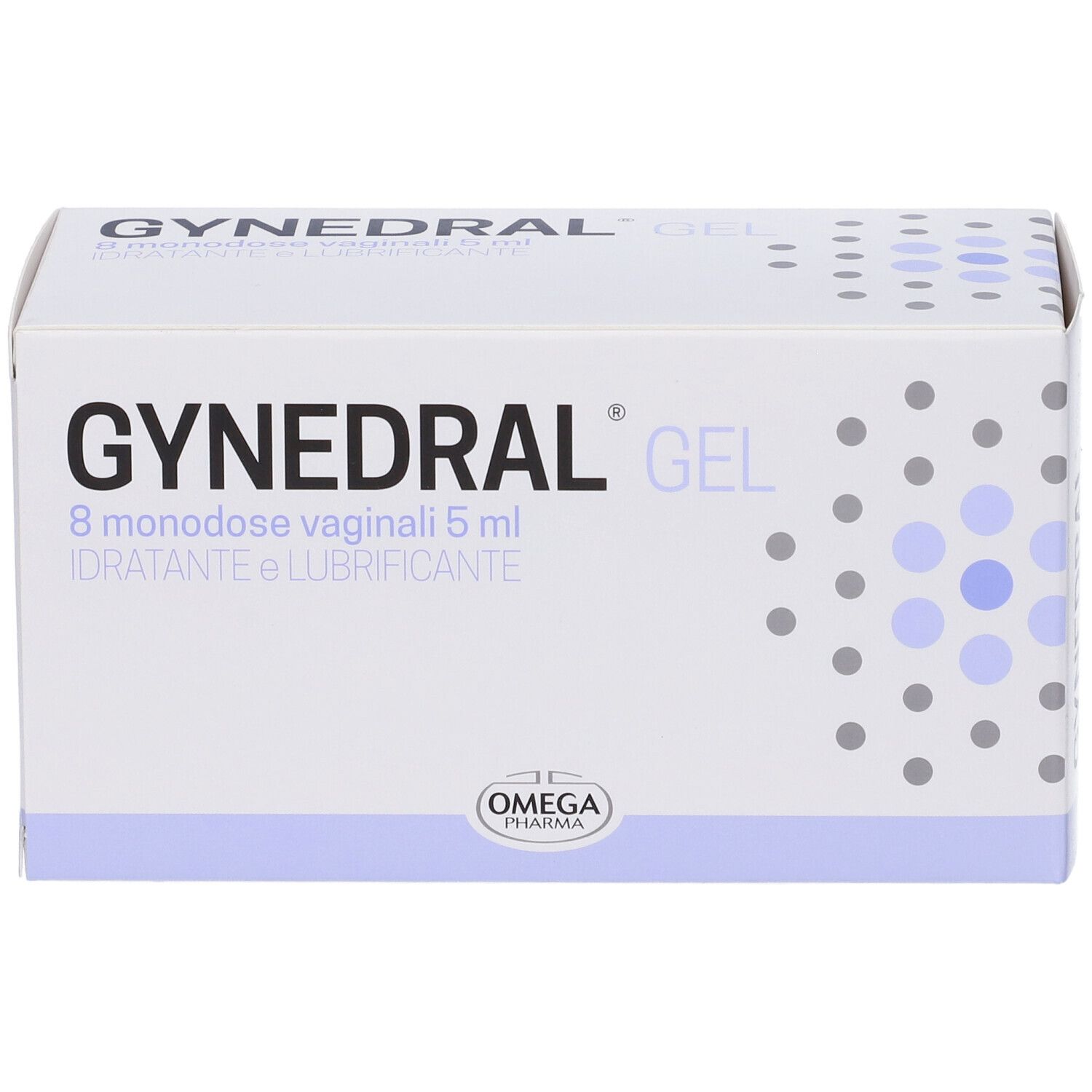 Scatola "GYNEDRAL GEL". Contiene 8 monodose. Marca: Omega Pharma. Accenti viola.