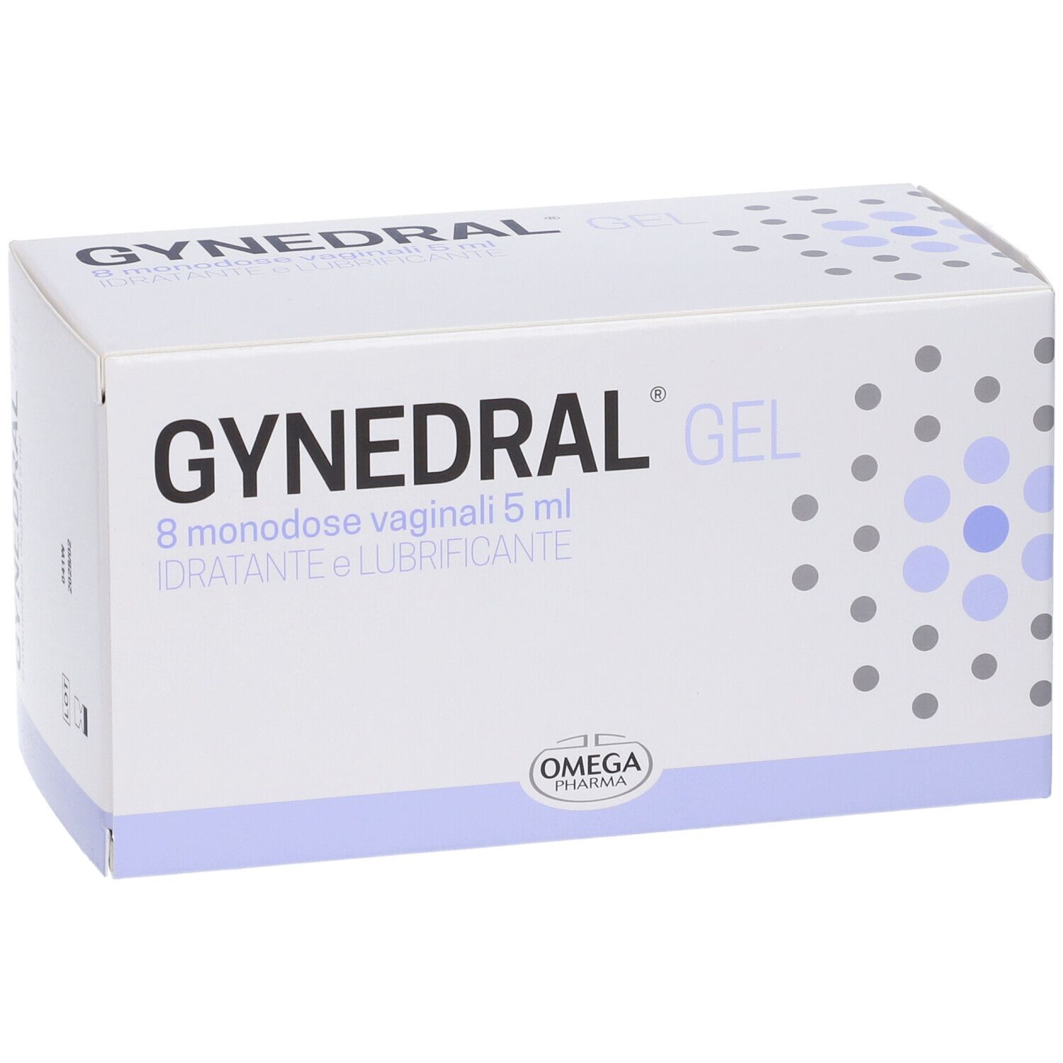 Scatola "GYNEDRAL GEL". Contiene 8 monodose. Marca: Omega Pharma. Design viola.