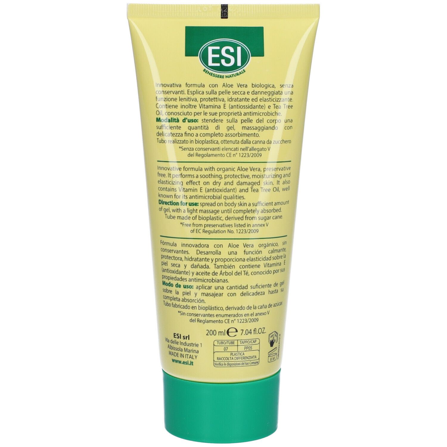 Rückseite der Gel-Tube. Text: Inhaltsstoffe, Anwendungshinweise, ESI-Logo, 200 ml, Zertifizierungen.
