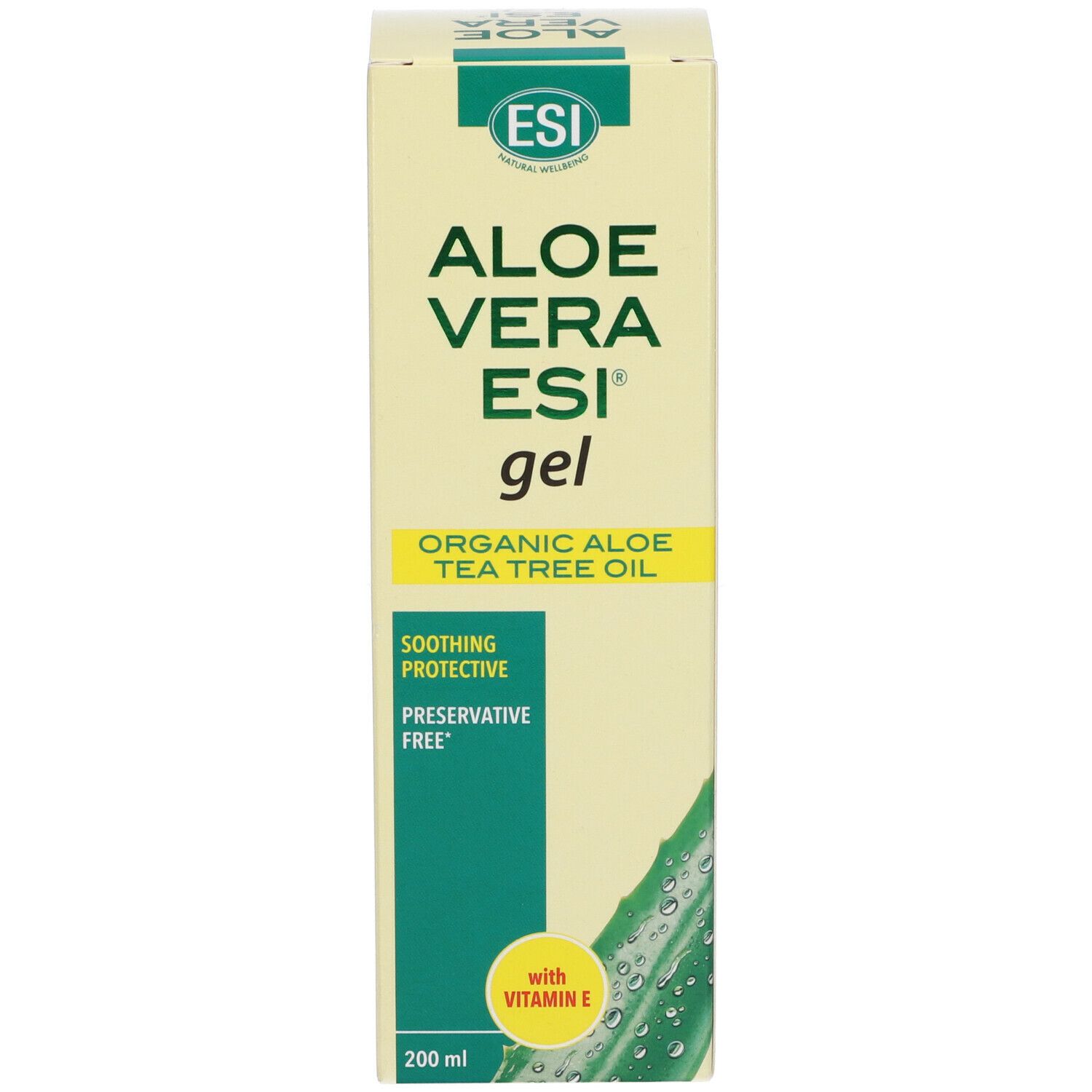 Kartonverpackung. Aufschrift: Aloe Vera ESI gel, Aloe biologica Tea Tree Oil, mit Vitamin E. 200 ml.