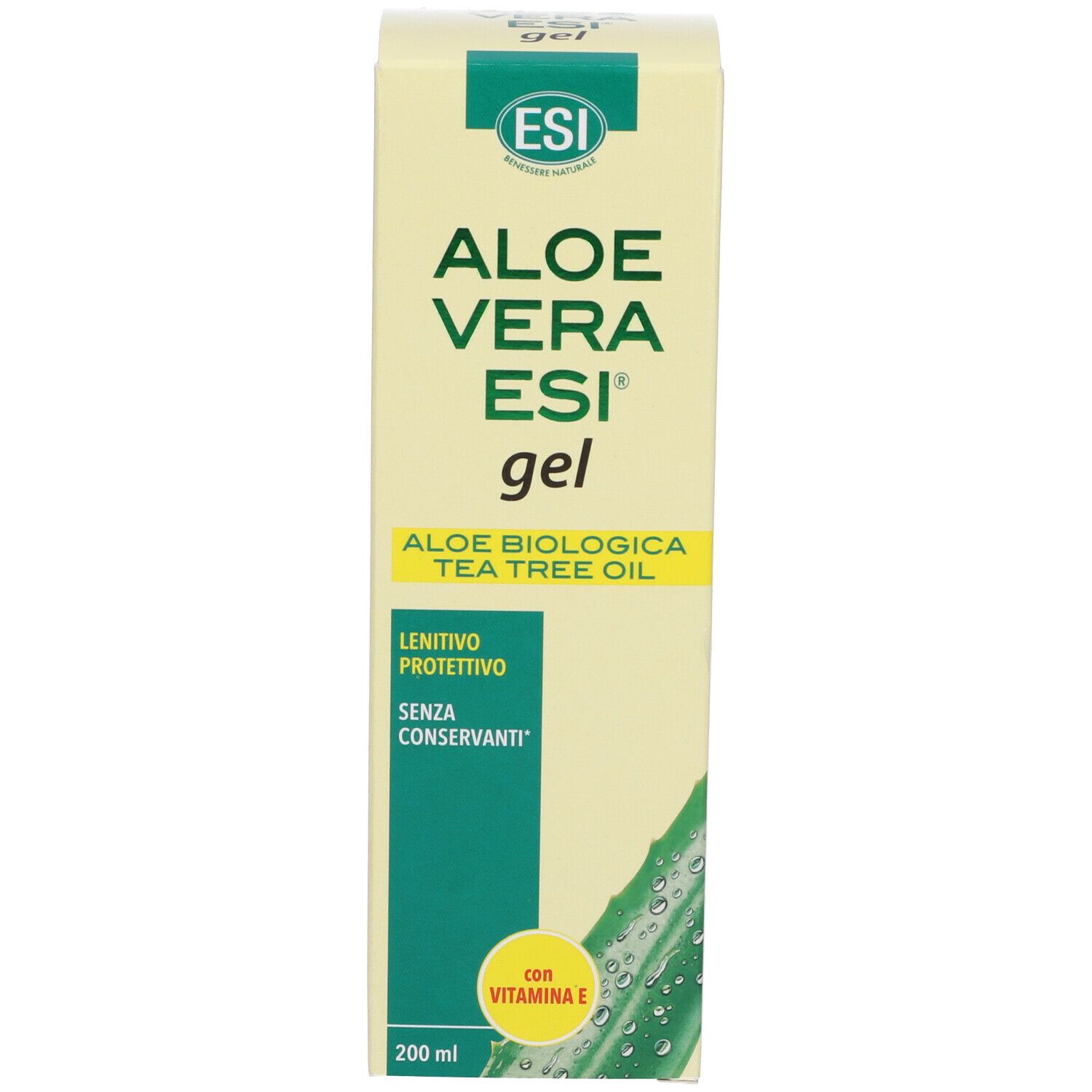 Kartonverpackung. Aufschrift: Aloe Vera ESI gel, Aloe biologica Tea Tree Oil, mit Vitamin E. 200 ml.