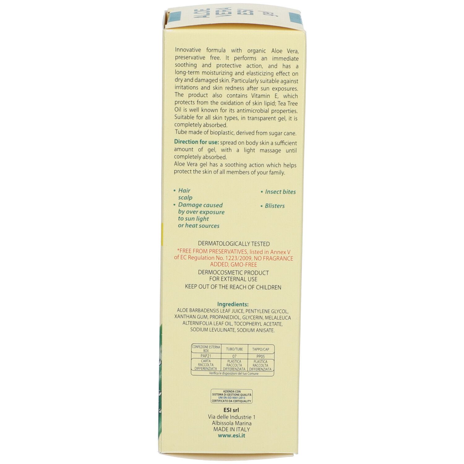 Rückseite der Kartonverpackung. Text: Anwendung, Inhaltsstoffe, ESI-Logo, Zertifizierungen, Warnhinweise.