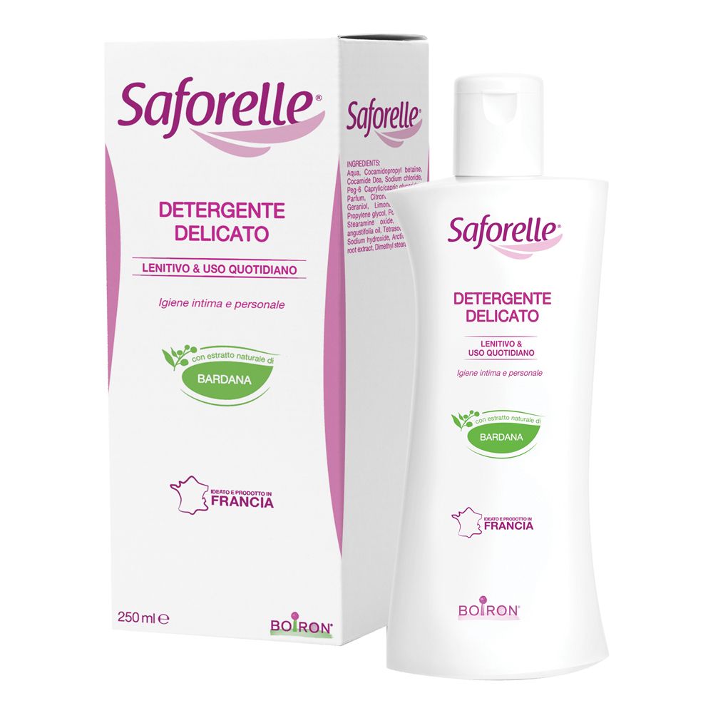Flacone bianco Saforelle con confezione. Scritta: Detergente Delicato, Bardana, Boiron. 250ml.