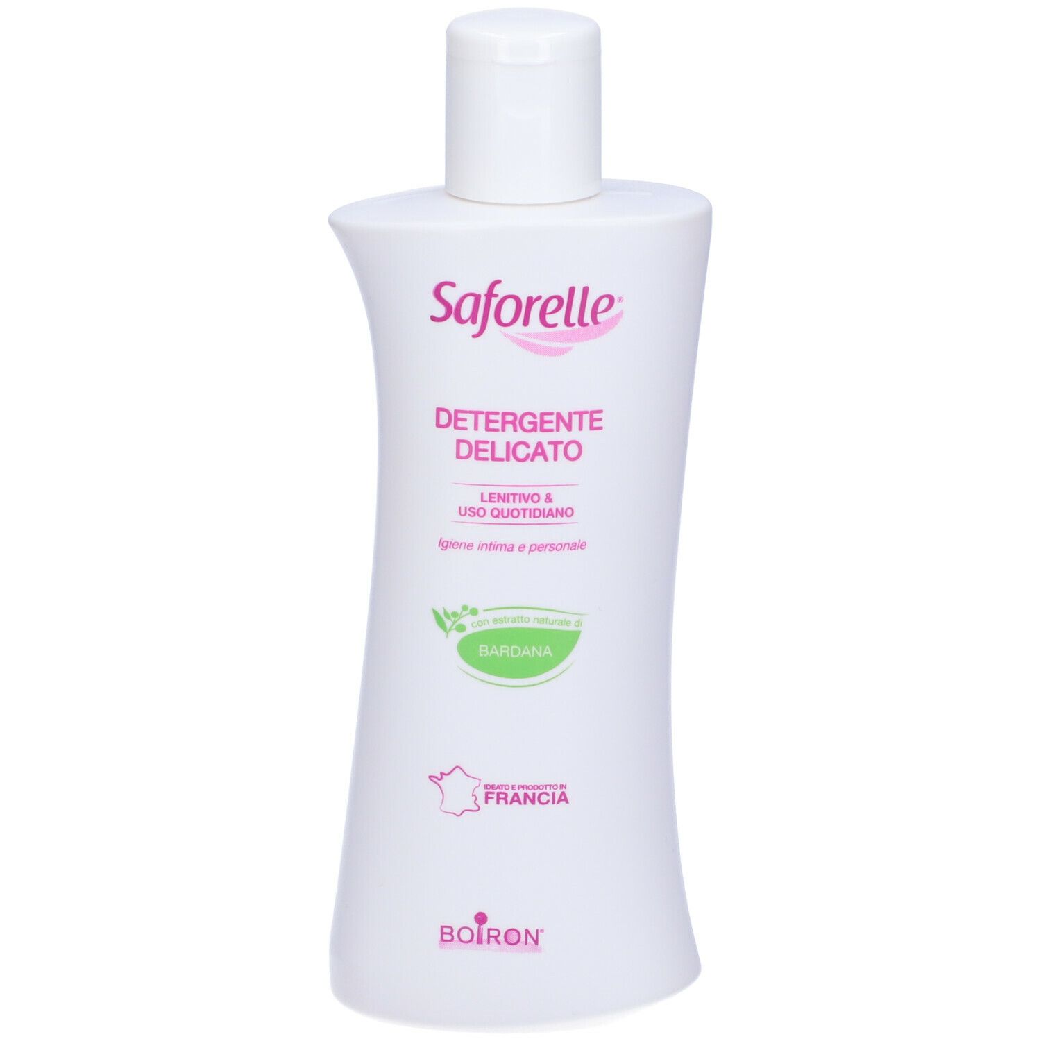 Flacone bianco Saforelle. Scritta: Detergente Delicato, Bardana, Boiron. Tappo bianco.