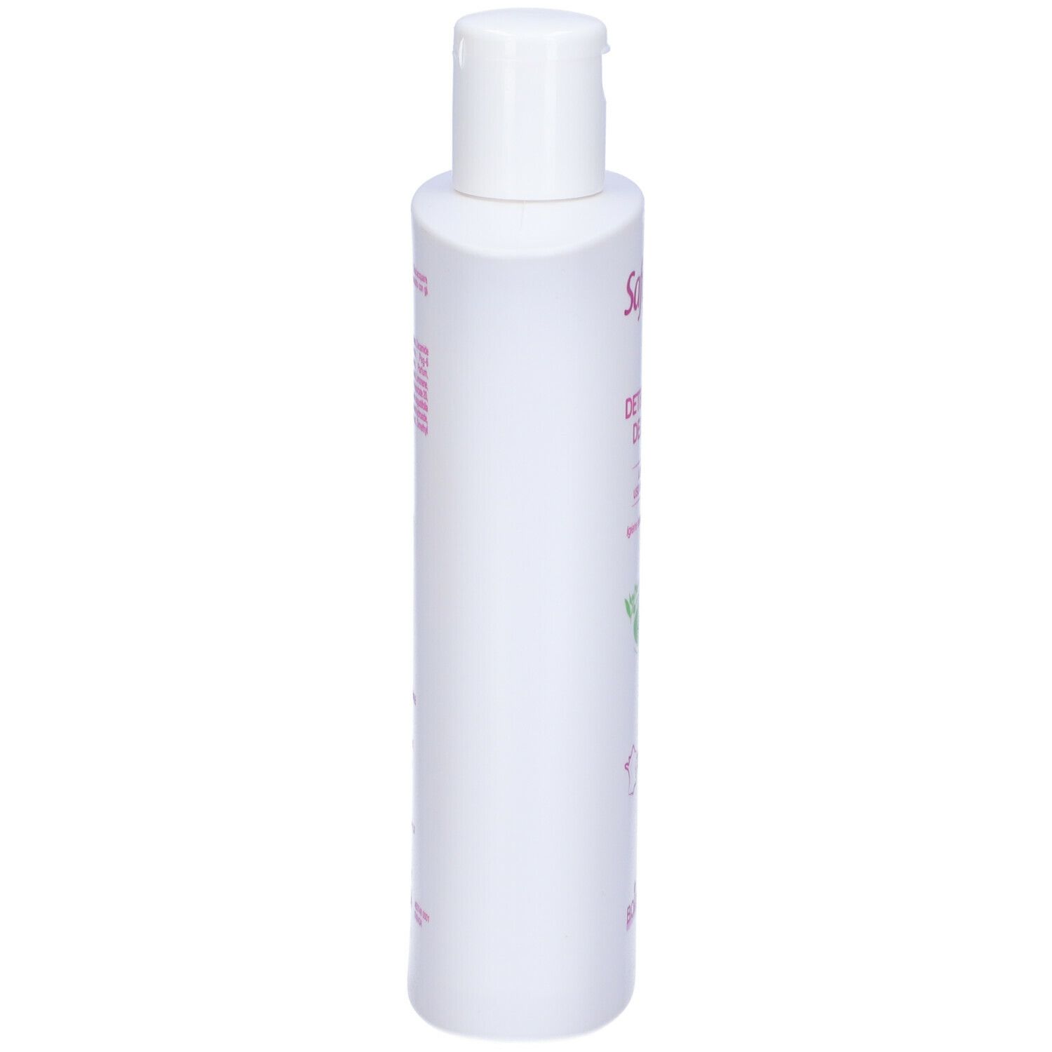 Flacone bianco Saforelle. Scritta: Detergente Delicato, Bardana, Boiron. Vista laterale.
