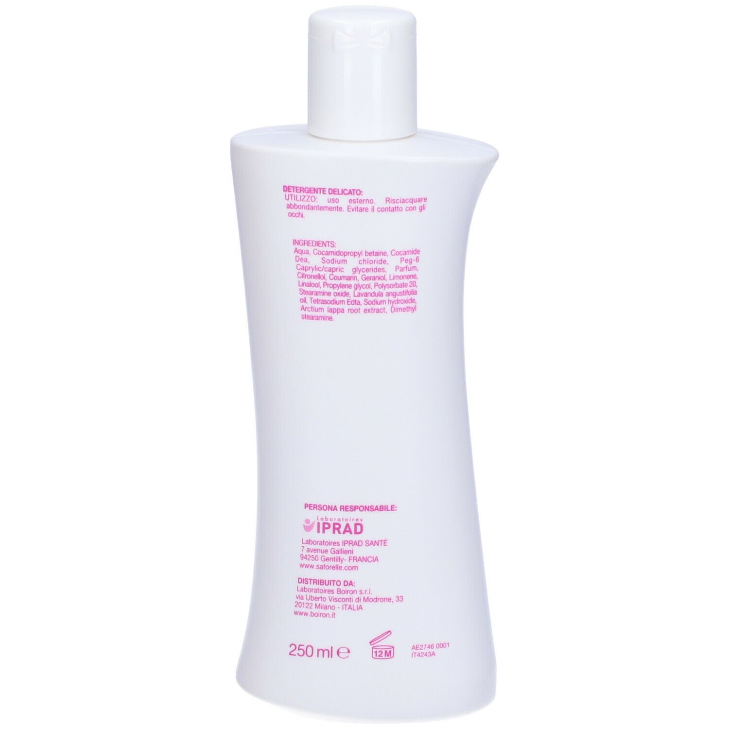 Retro del flacone bianco Saforelle. Scritta: Ingredienti, responsabile, indirizzo, 250ml.