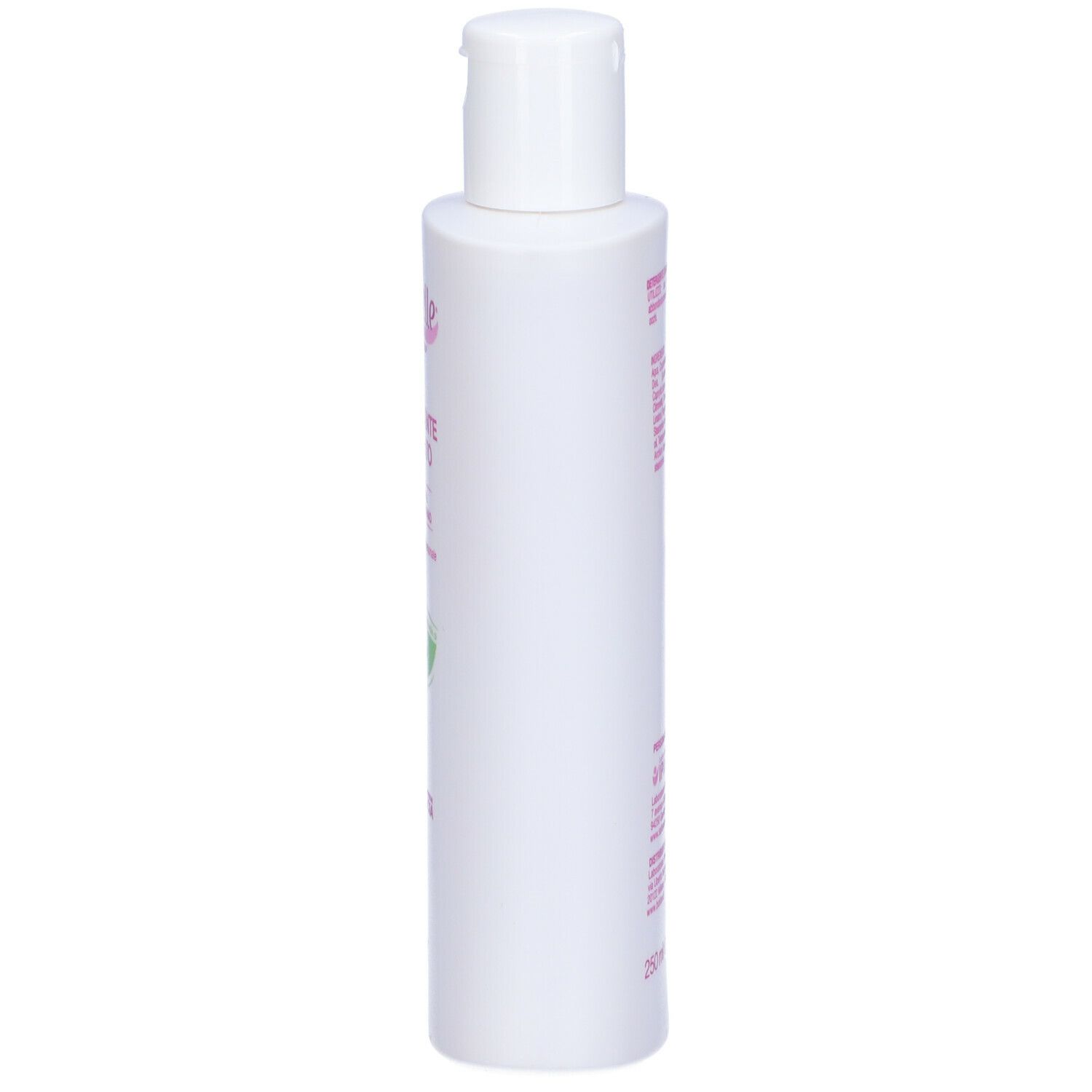 Flacone Saforelle bianco. Scritta: Detergente Delicato, Bardana, Boiron. Vista laterale.