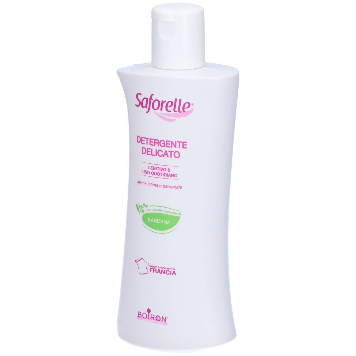 Flacone bianco Saforelle. Scritta: Detergente Delicato, Bardana, Boiron. Tappo bianco.