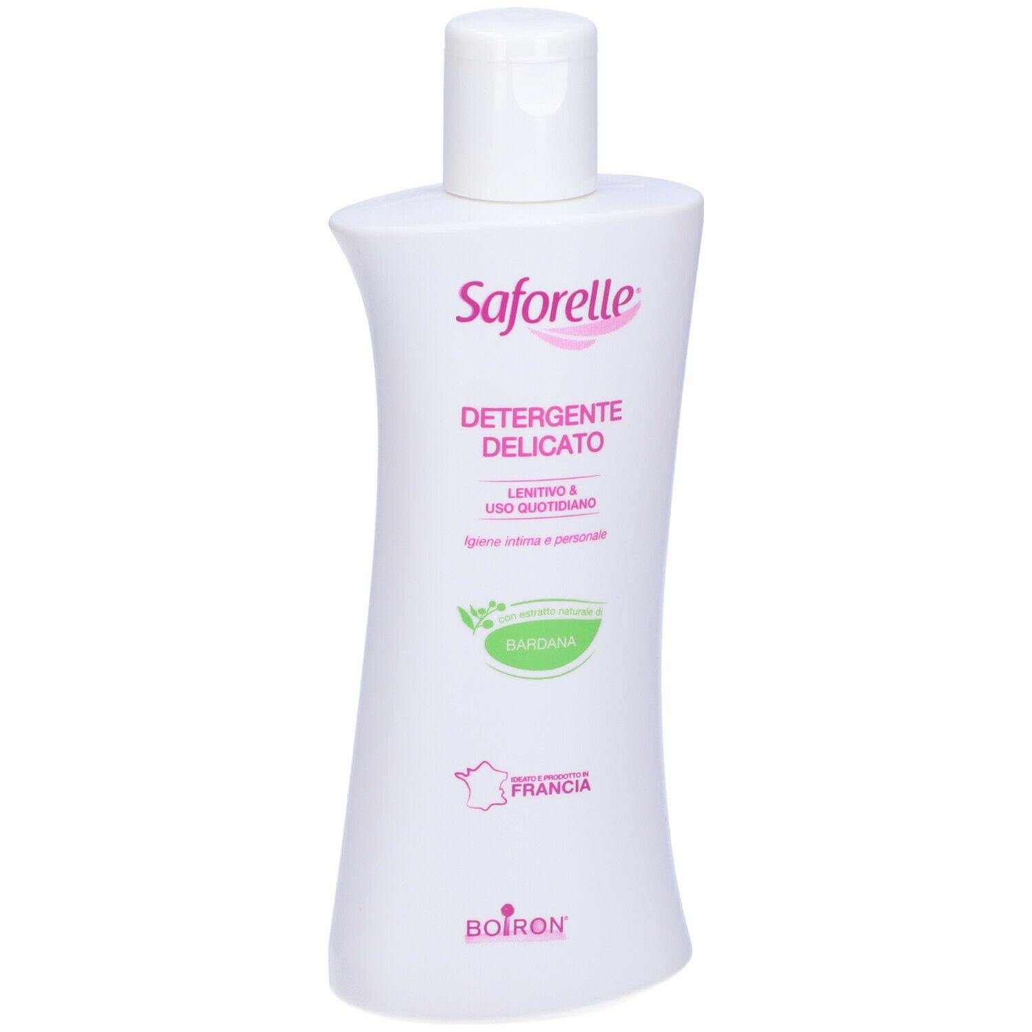 Flacone bianco Saforelle. Scritta: Detergente Delicato, Bardana, Boiron. Tappo bianco.