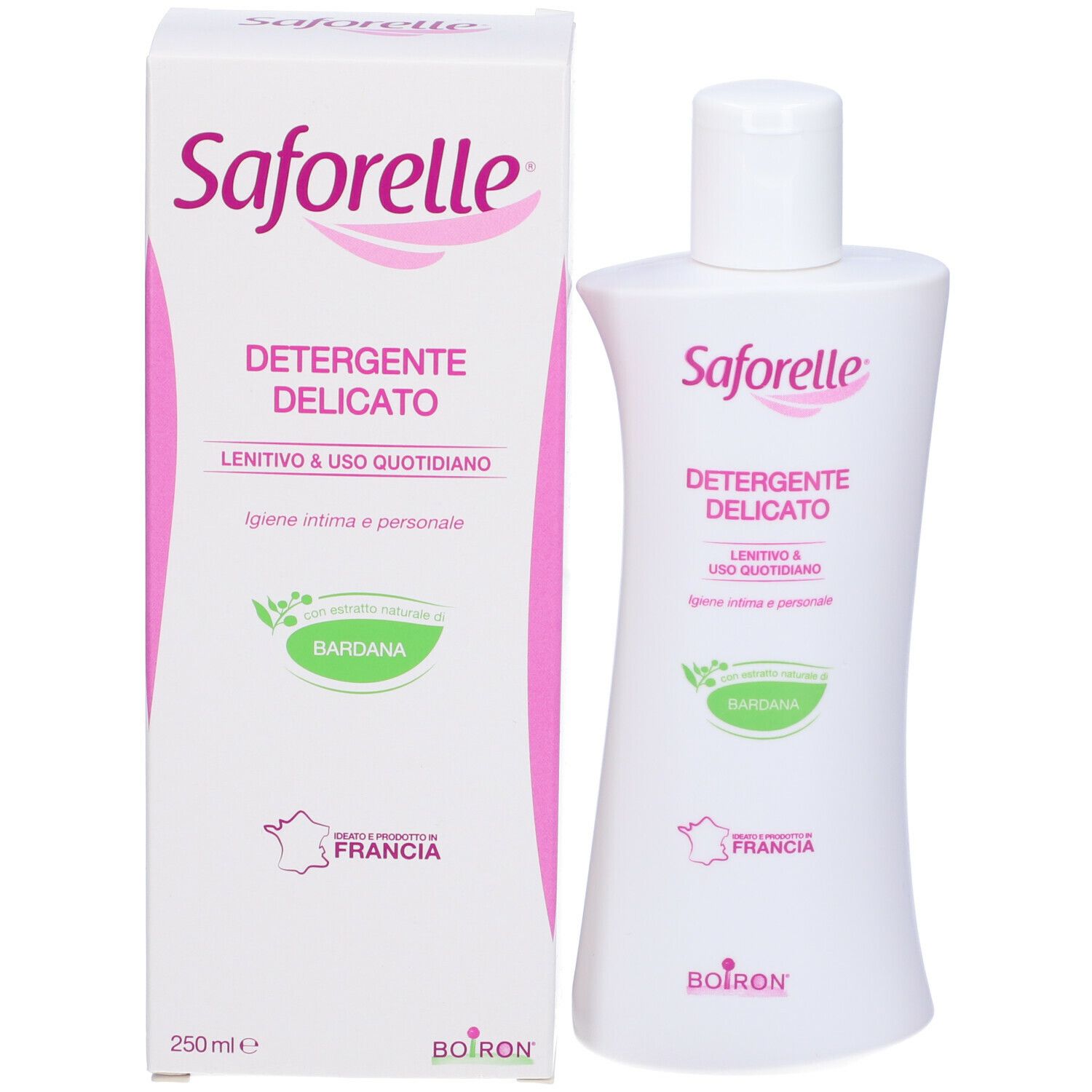 Flacone bianco Saforelle con confezione. Scritta: Detergente Delicato, Bardana, Boiron. 250ml.