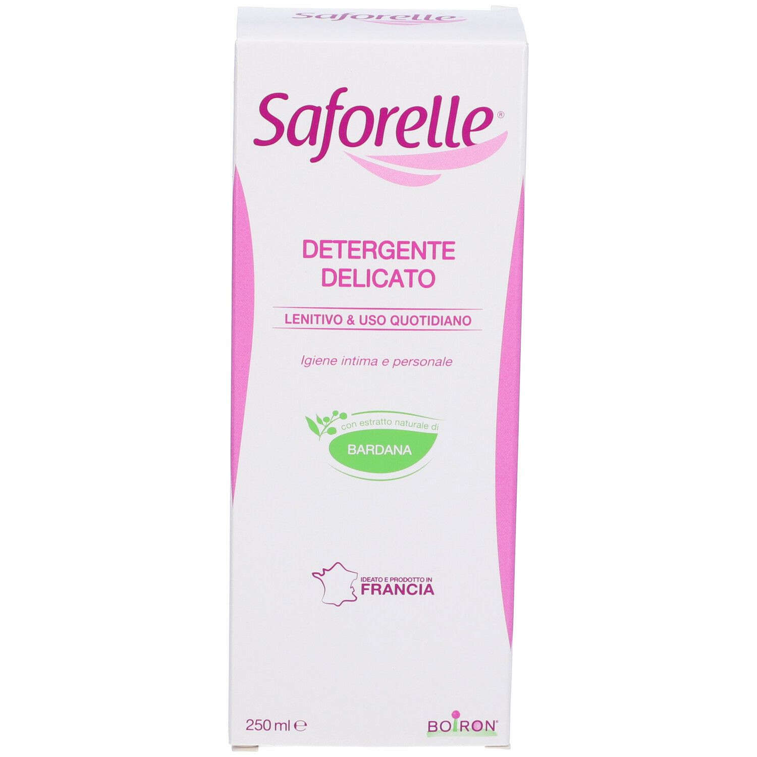 Confezione per Saforelle Detergente Delicato. Scritta: Detergente Delicato, Bardana, Boiron. 250ml.