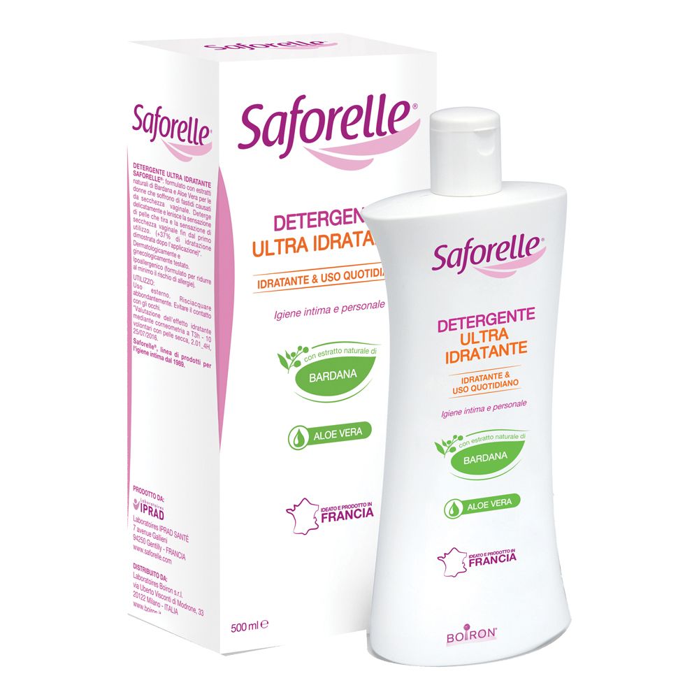 Flacone di Saforelle Detergente Ultra Idratante con confezione. Contiene Bardana e Aloe Vera. Prodotto in Francia. Marchio Boiron.