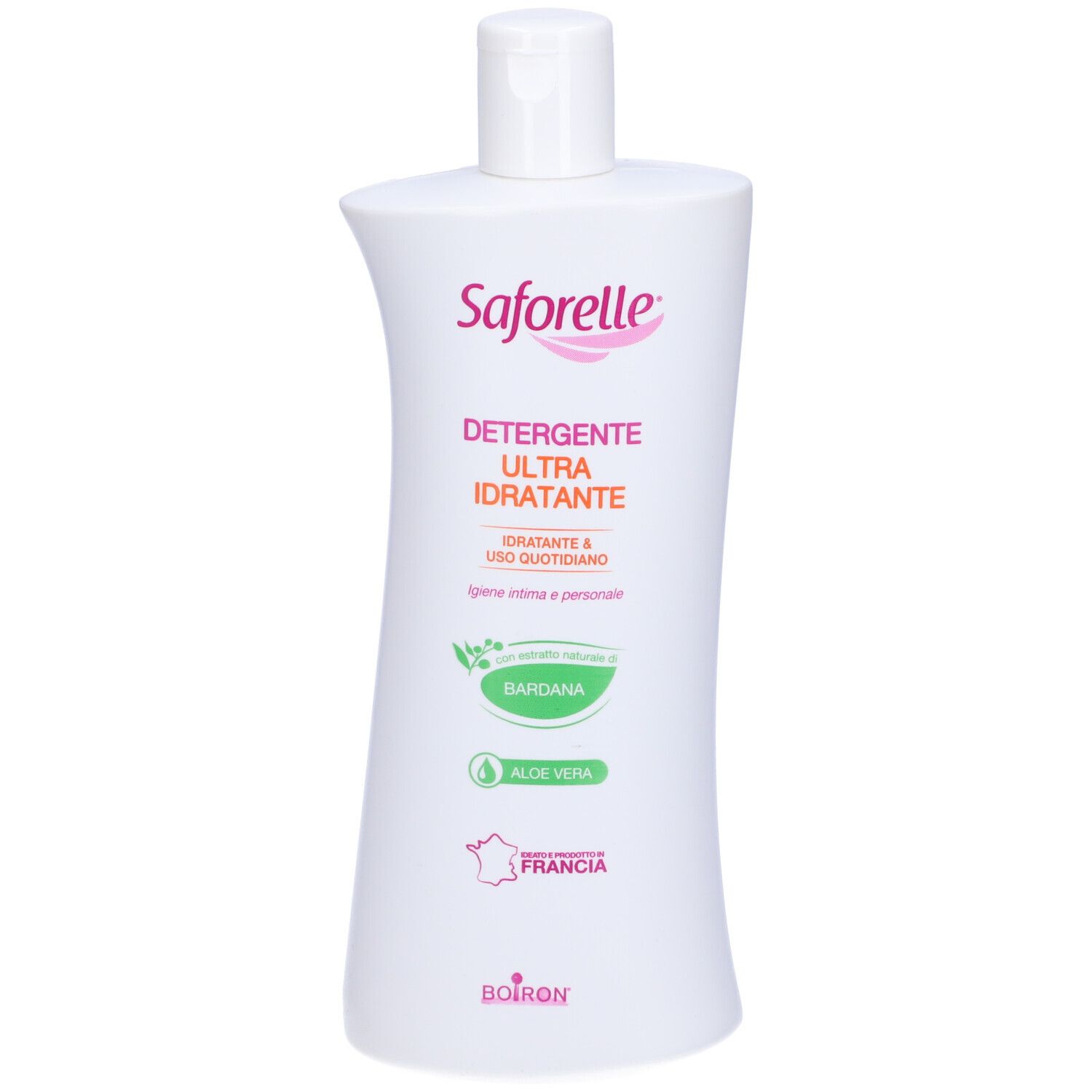 Flacone di Saforelle Detergente Ultra Idratante. Contiene Bardana e Aloe Vera. Prodotto in Francia. Marchio Boiron.