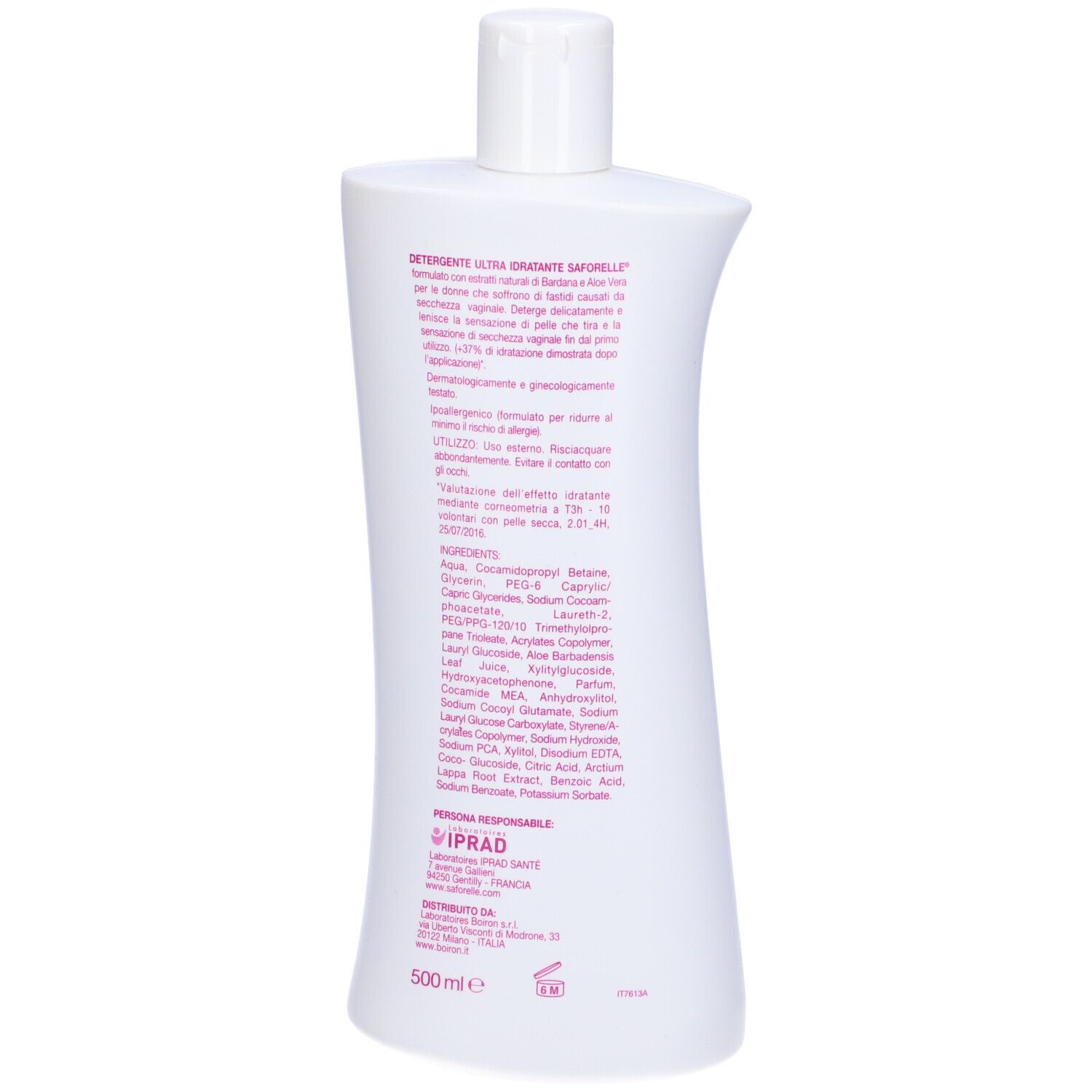 Flacone di Saforelle Detergente Ultra Idratante. Contiene Bardana e Aloe Vera. Prodotto in Francia. Marchio Boiron.