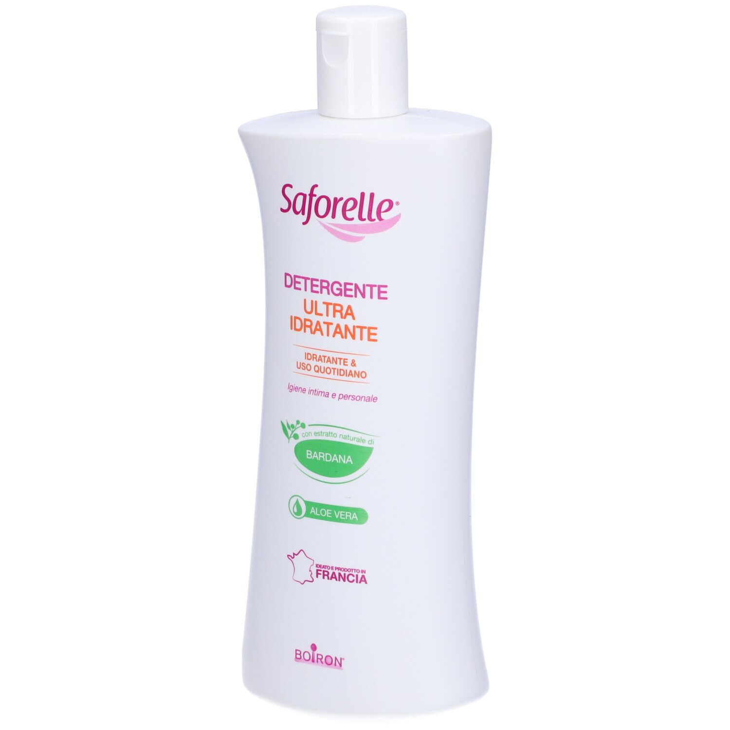 Flacone di Saforelle Detergente Ultra Idratante. Contiene Bardana e Aloe Vera. Prodotto in Francia. Marchio Boiron.