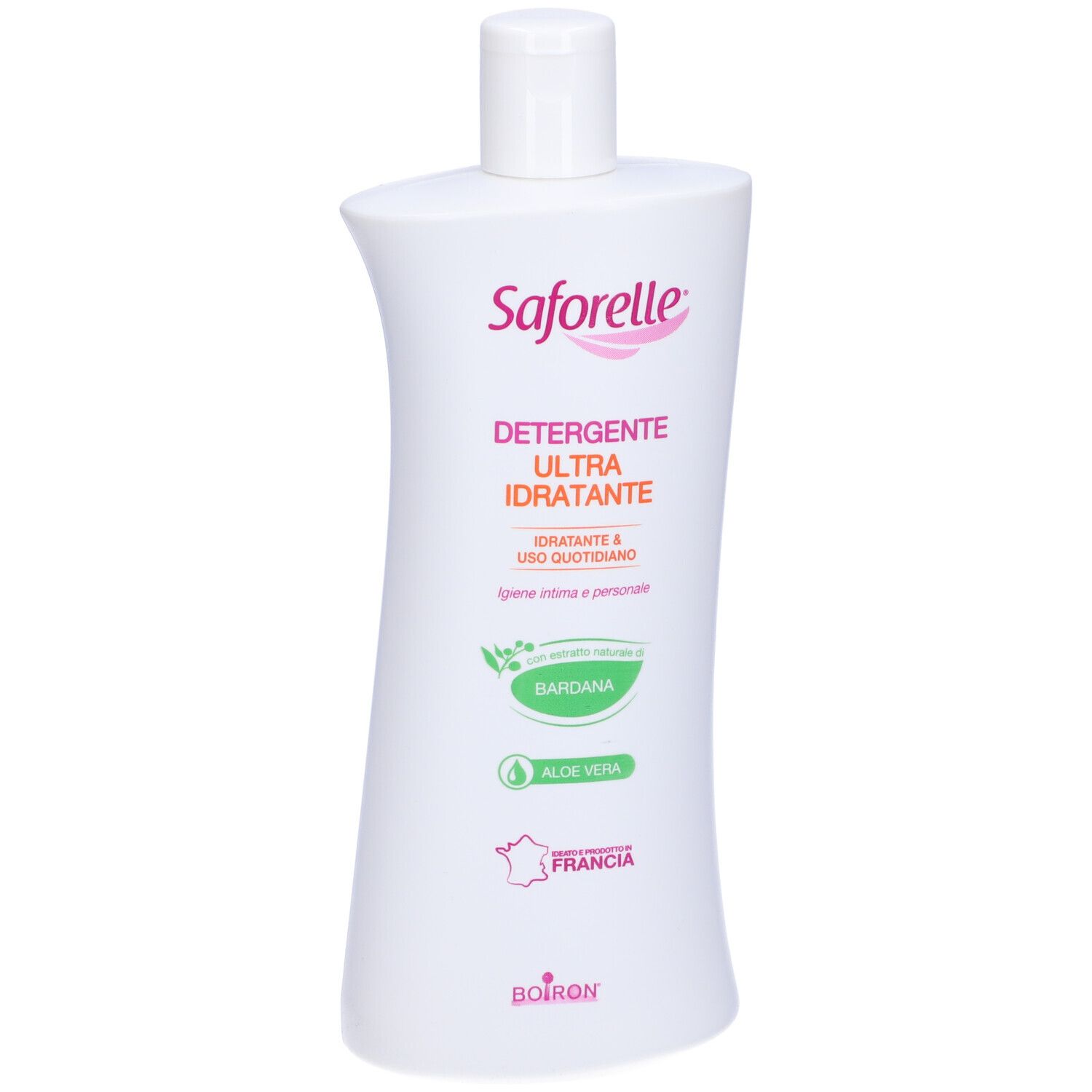 Flacone di Saforelle Detergente Ultra Idratante. Contiene Bardana e Aloe Vera. Prodotto in Francia. Marchio Boiron.