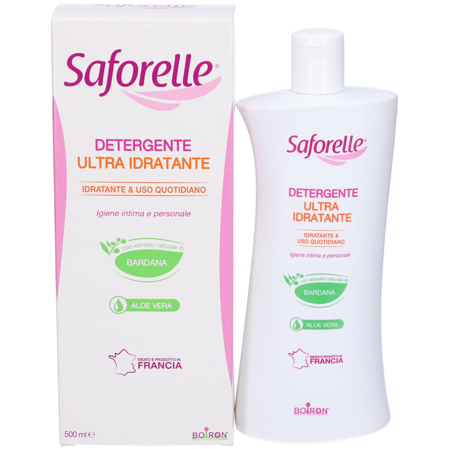Flacone di Saforelle Detergente Ultra Idratante con confezione. Contiene Bardana e Aloe Vera. Prodotto in Francia. Marchio Boiron.