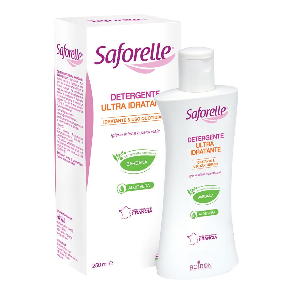 Flacone bianco Saforelle e scatola. Scritto: Detergente Ultra Idratante. Con Aloe Vera e Bardana. 250ml.