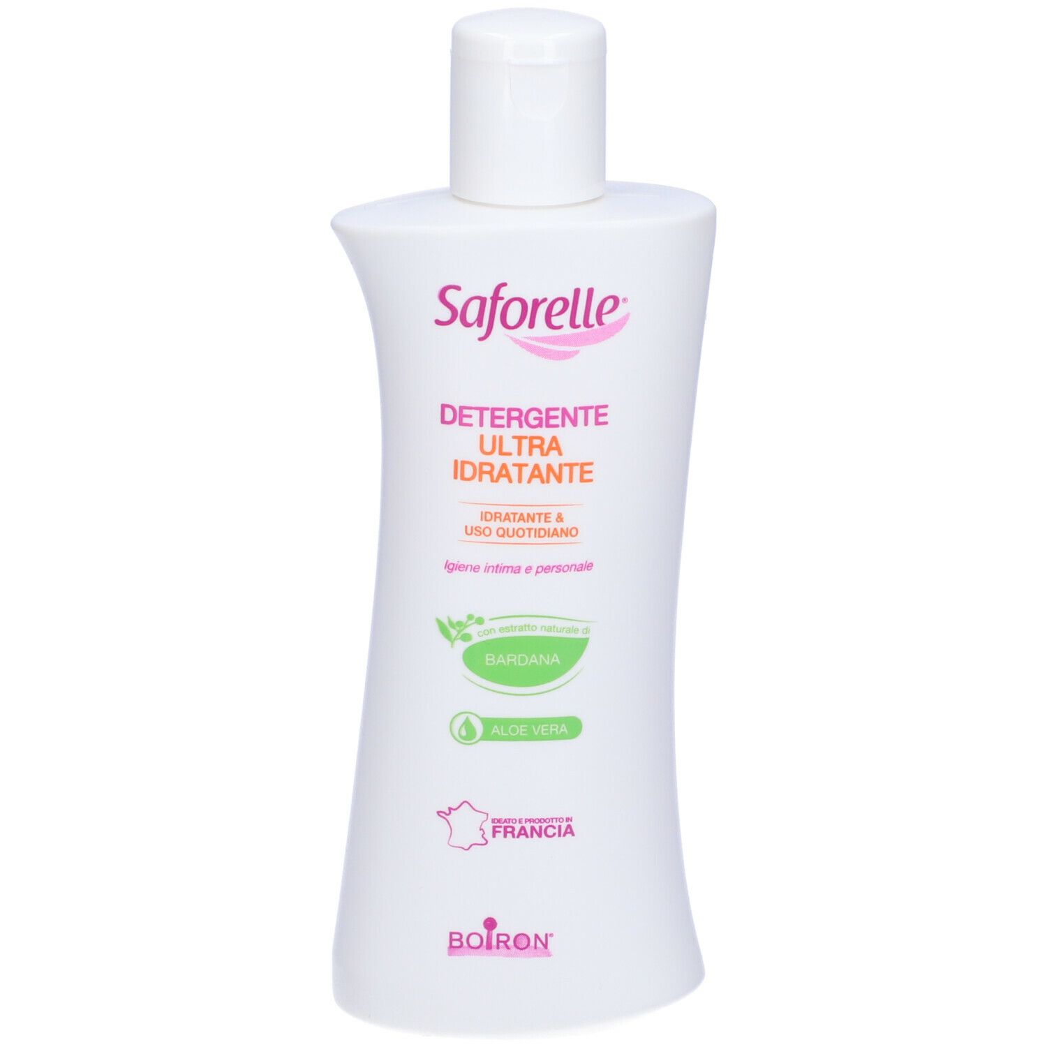 Flacone bianco Saforelle. Scritto: Detergente Ultra Idratante. Con Aloe Vera e Bardana. Logo BOIRON.