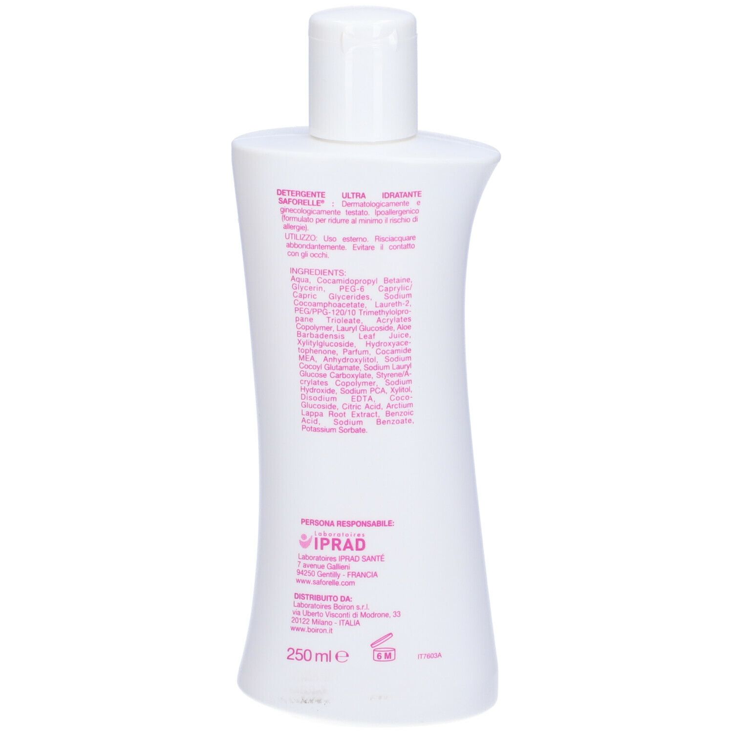 Retro di un flacone bianco Saforelle. Testo con ingredienti e informazioni produttore. 250 ml.