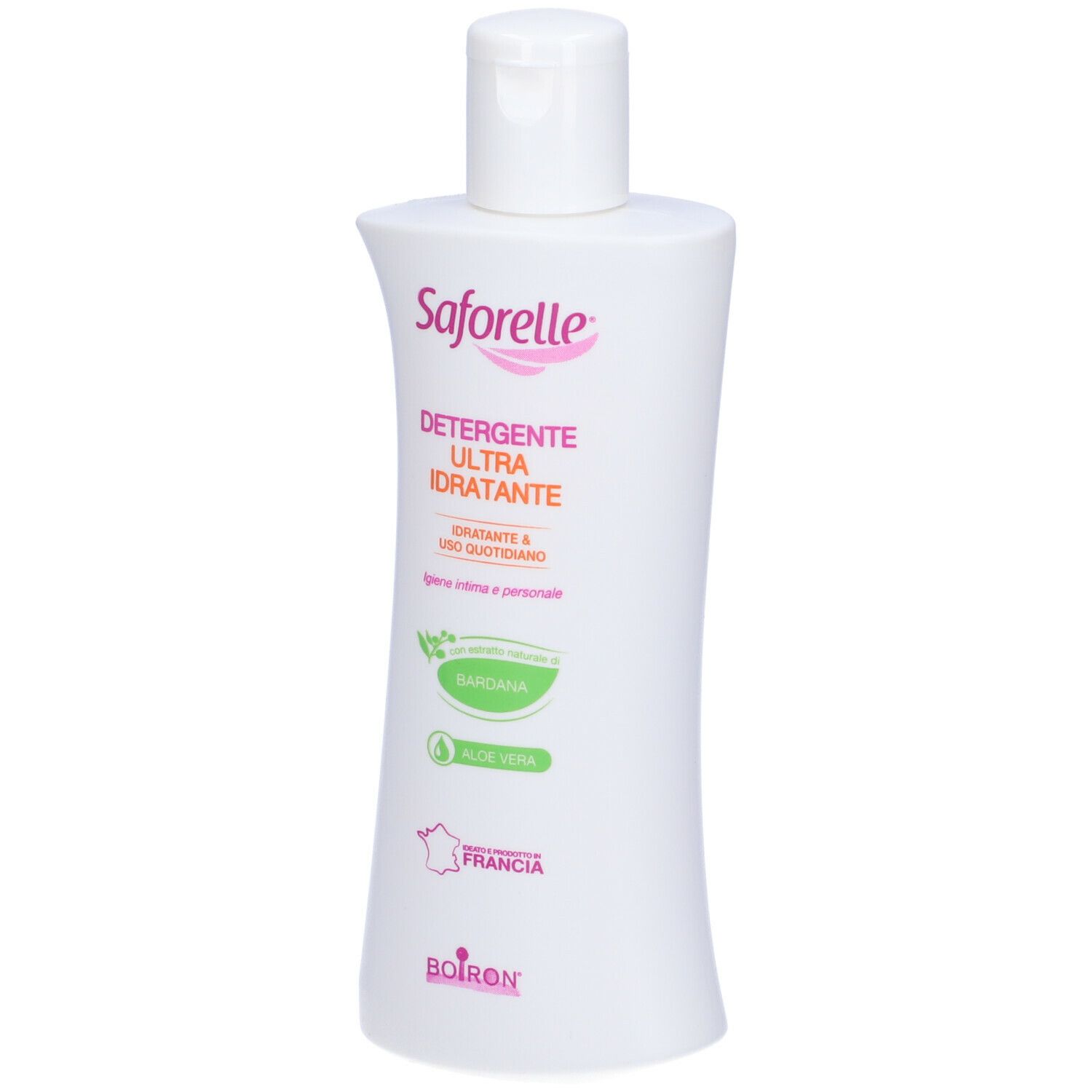 Flacone bianco Saforelle. Scritto: Detergente Ultra Idratante. Con Aloe Vera e Bardana. Logo BOIRON.