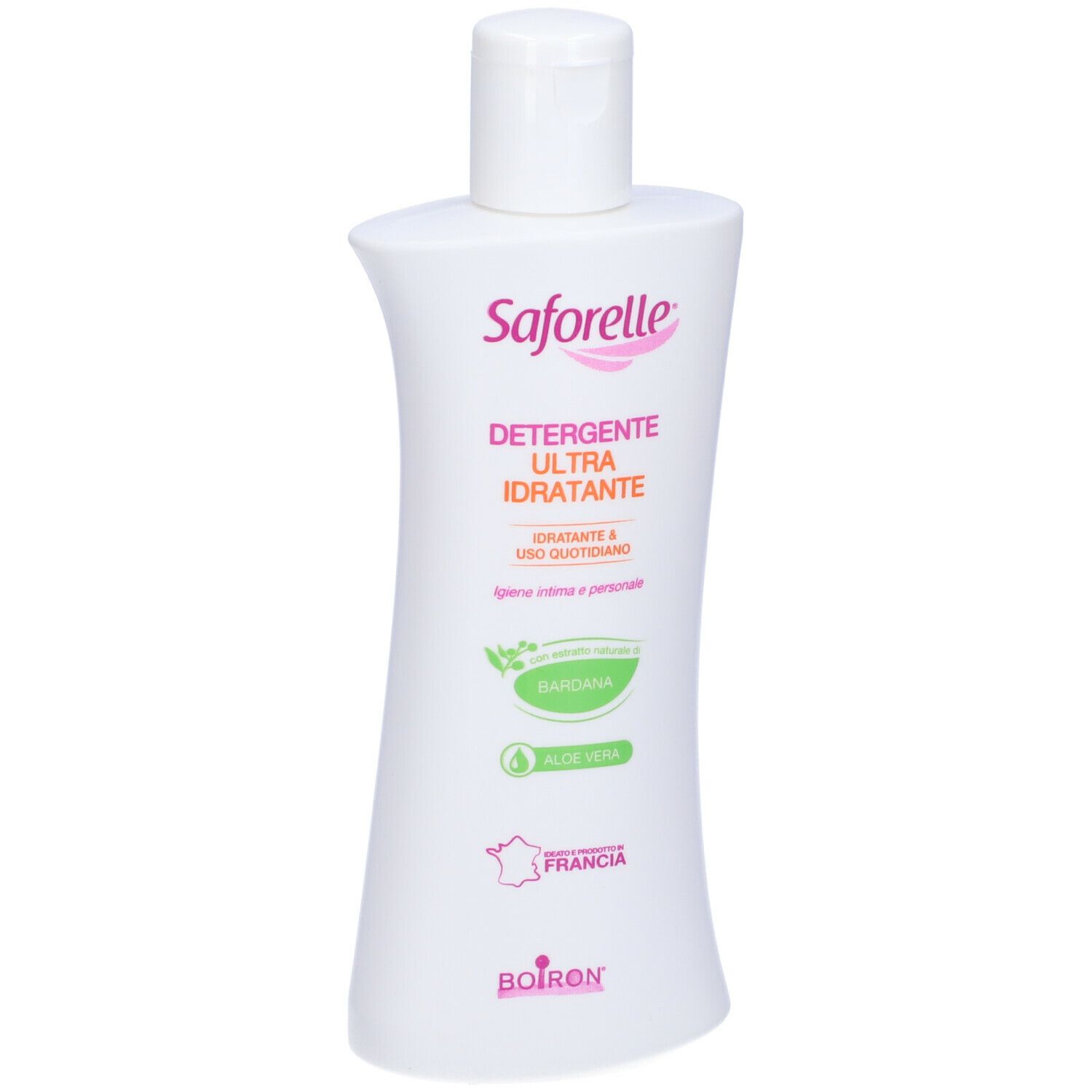 Flacone bianco Saforelle. Scritto: Detergente Ultra Idratante. Con Aloe Vera e Bardana. Logo BOIRON.