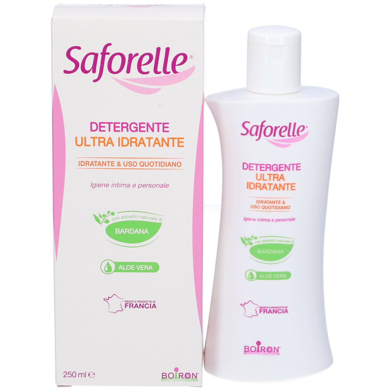 Flacone bianco Saforelle e scatola. Scritto: Detergente Ultra Idratante. Con Aloe Vera e Bardana. 250ml.