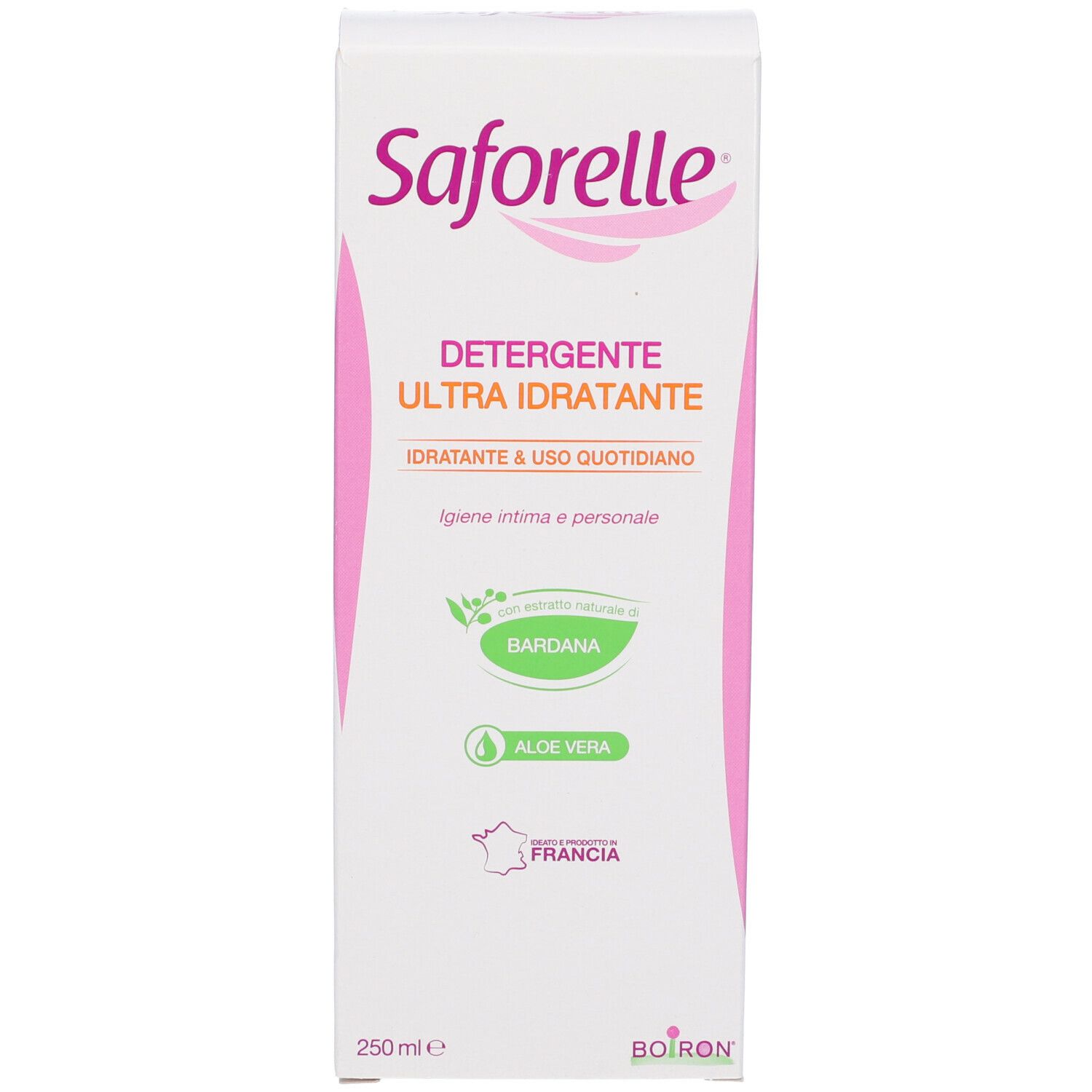 Scatola Saforelle. Scritto: Detergente Ultra Idratante. Con Aloe Vera e Bardana. 250ml.