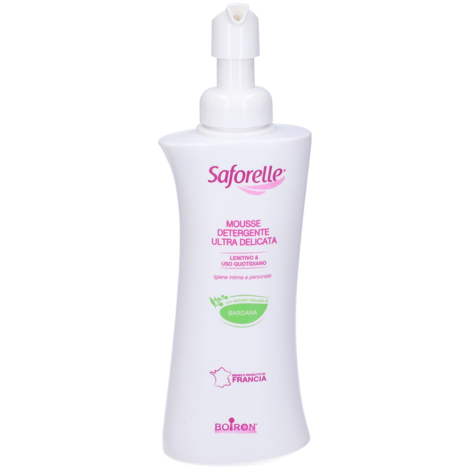 Flacone bianco con dosatore a pompa. Scritta Saforelle, Mousse Detergente Ultra Delicata. Logo, origine Francia, Boiron.