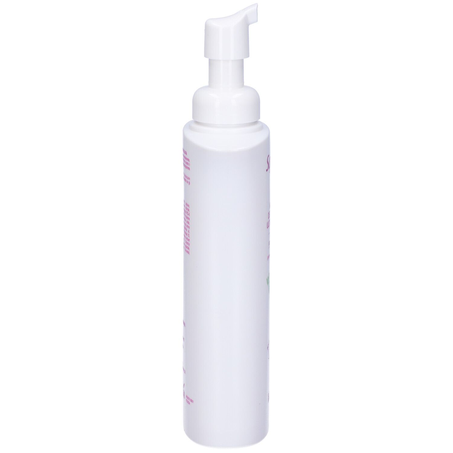 Flacone bianco con dosatore a pompa. Vista laterale. Scritta Saforelle, Mousse Detergente Ultra Delicata.