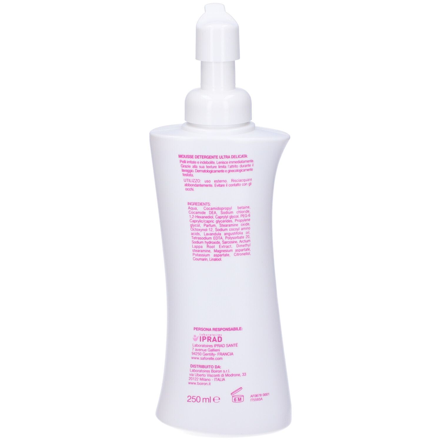 Flacone bianco con dosatore a pompa. Retro con ingredienti e informazioni produttore. Scritta Saforelle.