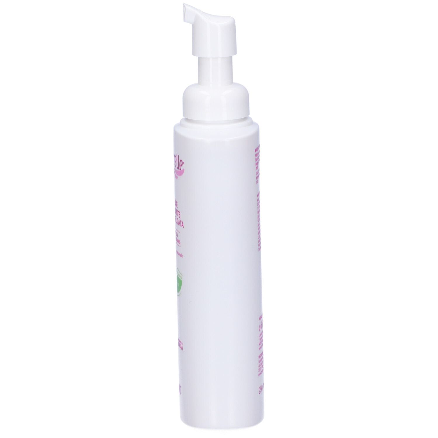 Flacone bianco con dosatore a pompa. Vista laterale. Scritta Saforelle, Mousse Detergente Ultra Delicata.